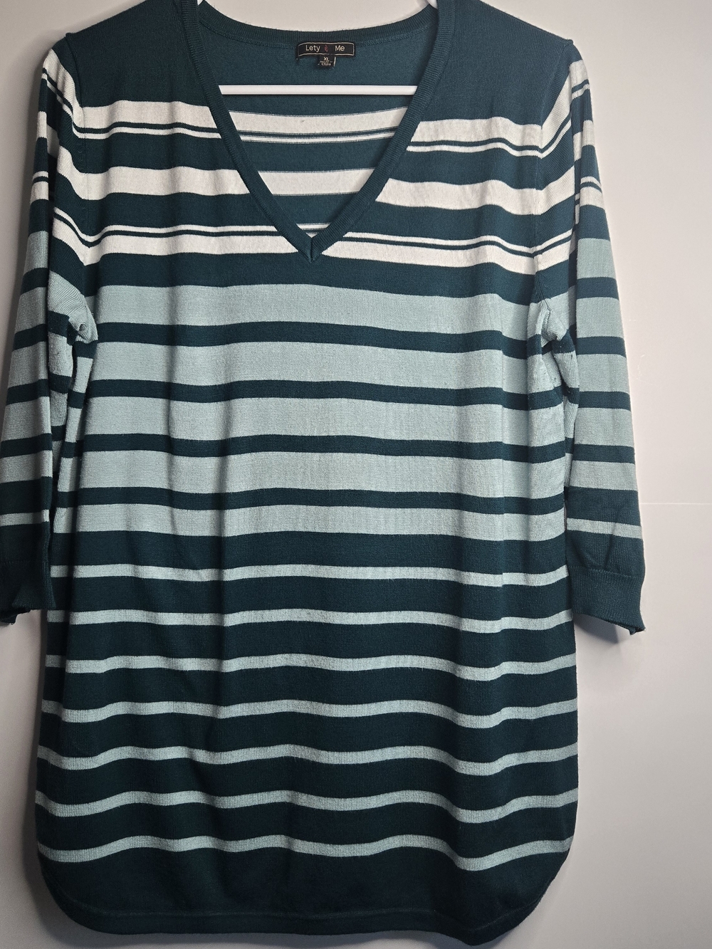 Lety & Me Teal and Light Blue Striped V-Neck Sweater